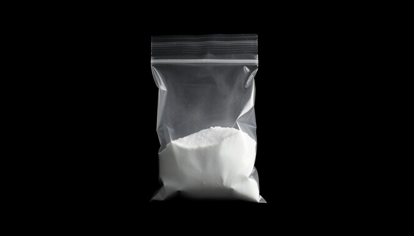 An extreme close-up photograph of a small plastic bag containing a white crystalline powder, the harsh flash lighting creating a stark, gritty aesthetic that conceptually represents the serious nature of the drug seizure.