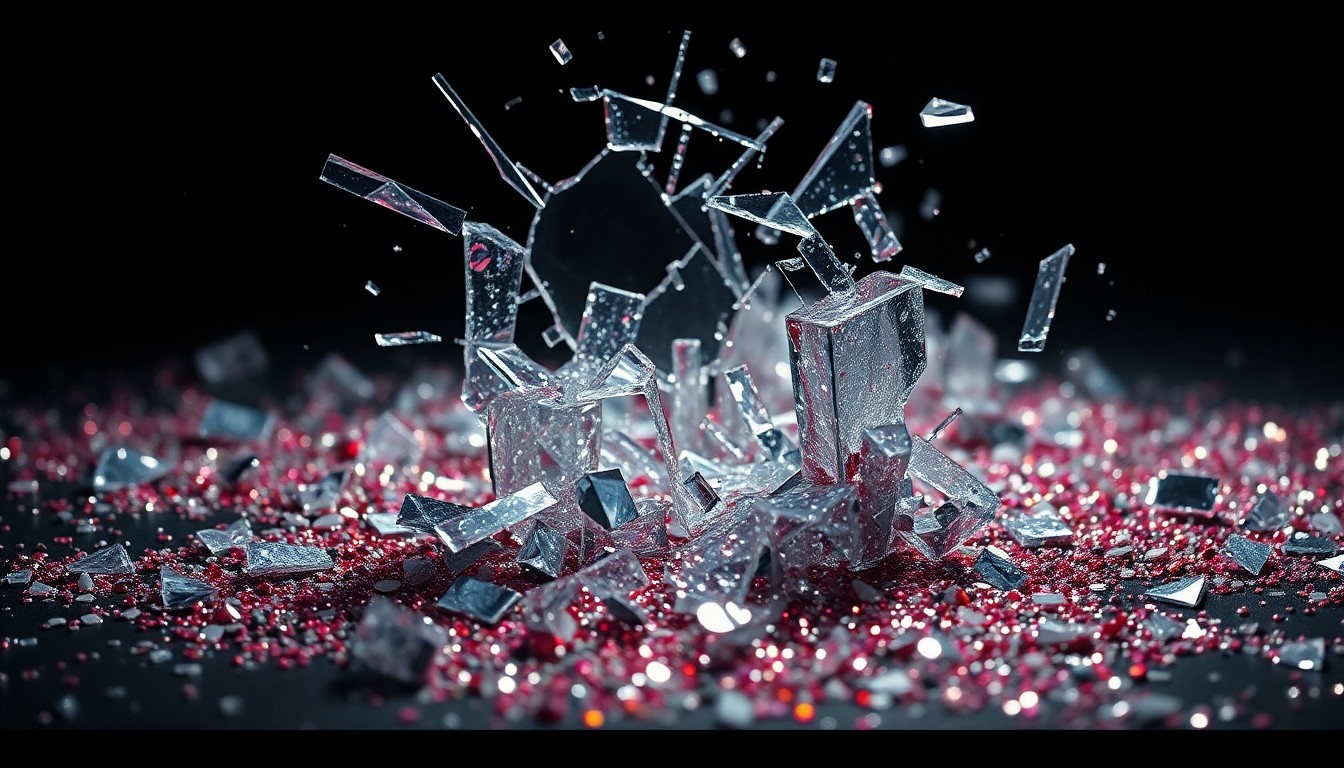 An extreme close-up of shattered glass and glittering sequins, captured in dramatic high-contrast studio lighting to conceptually represent the fragility and glamour of celebrity relationships.