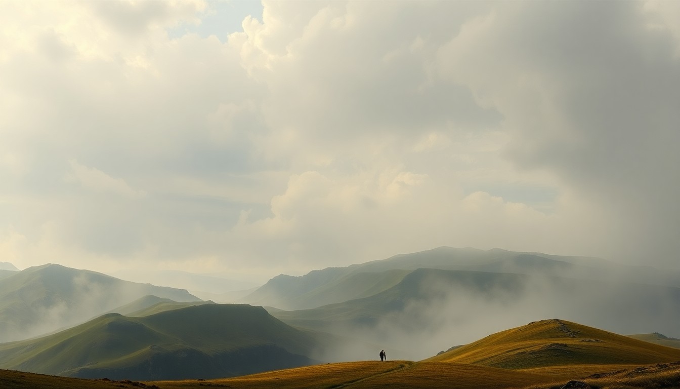 A sweeping, atmospheric landscape painting in muted tones of gray, blue, and green, capturing the overwhelming scale and power of the natural world as it looms over any human-made structures or objects.