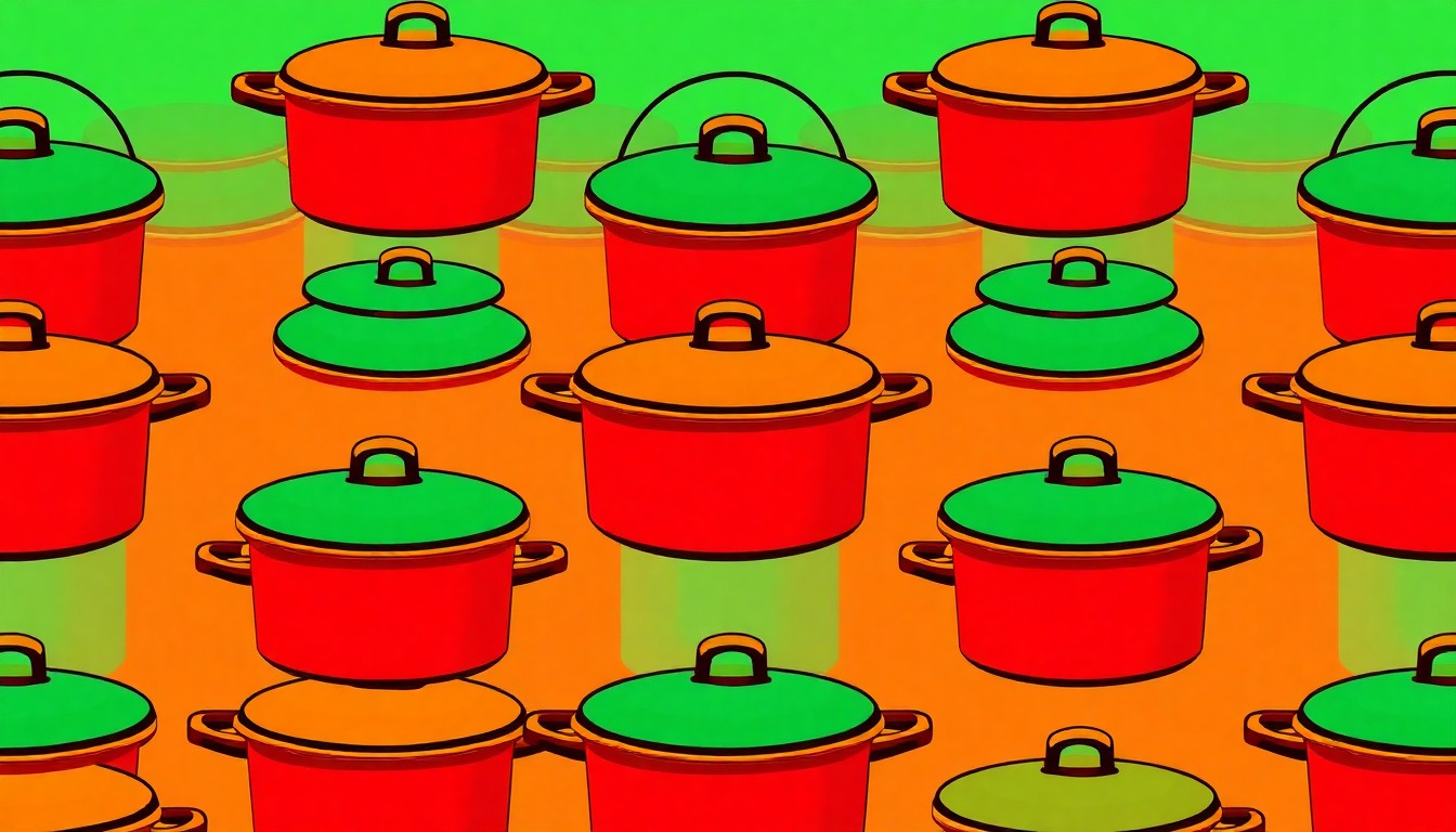 A bold, colorful silkscreen illustration featuring a dutch oven pot repeated in a grid pattern, capturing the celebratory spirit of the Idaho Whitewater Association's annual cooking competition.