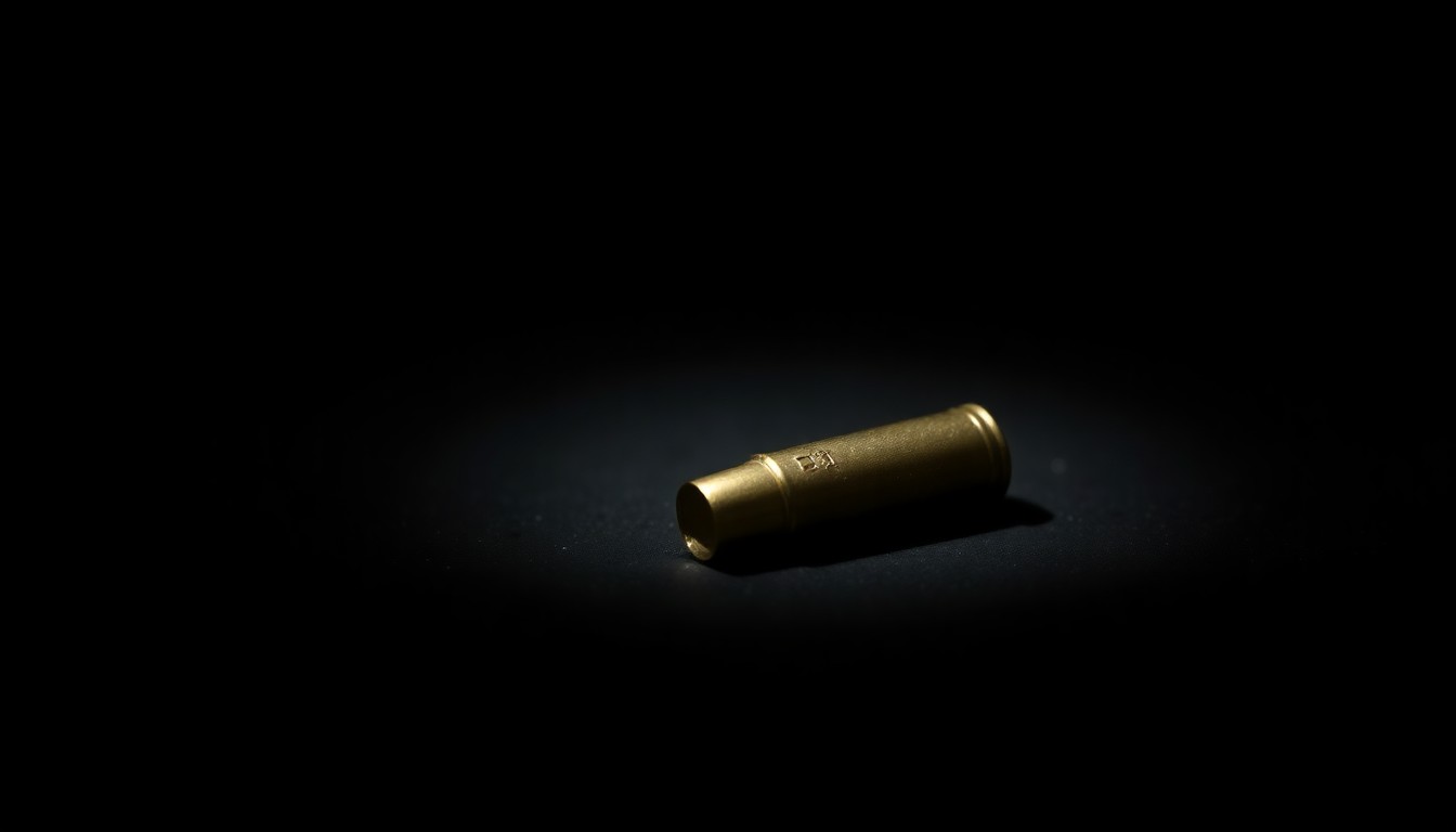 An extreme close-up photograph of a single bullet casing on a dark surface, lit by a harsh, direct camera flash, conceptually representing the forensic investigation into the Stockton mass shooting.