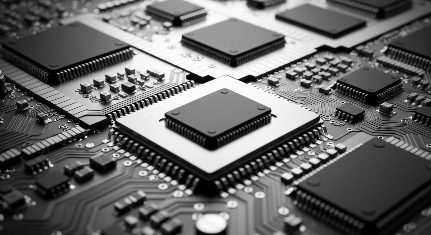 A high-contrast, cinematic close-up of the intricate gears, circuits, and machinery that power a semiconductor chip, representing the complex financial workings of a major technology company.