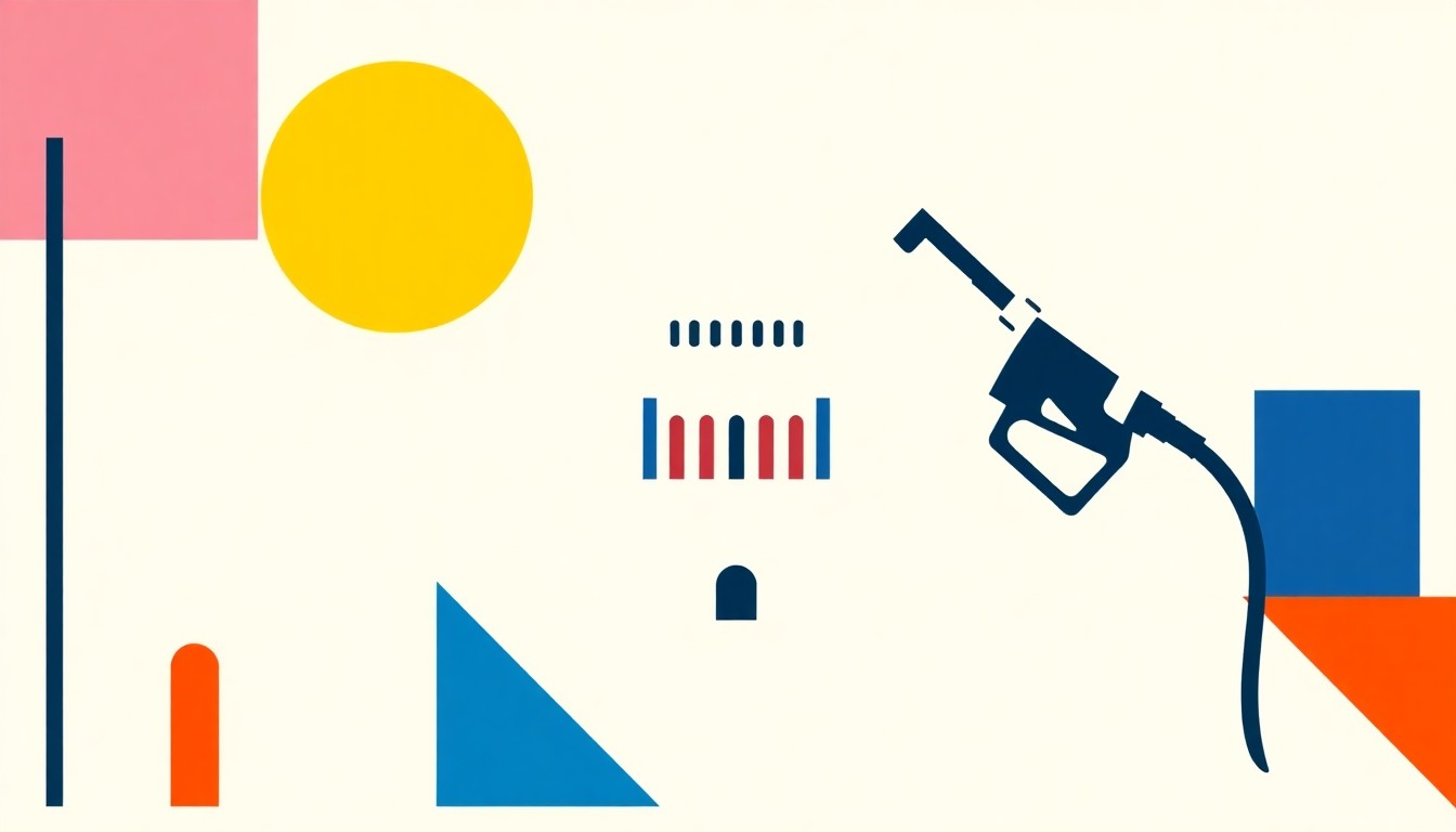 A vibrant abstract illustration composed of overlapping triangles and rectangles in shades of blue, red, and yellow, conceptually representing the financial challenges faced by a city government due to rising fuel costs.