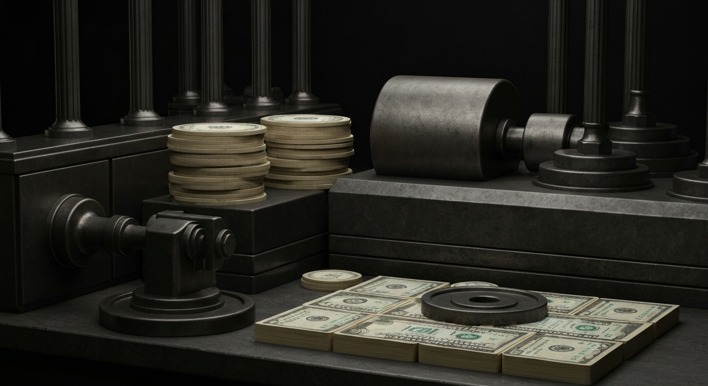 An extreme close-up of intricate gears, levers, and machinery, conveying the complex financial infrastructure behind a publicly traded media company.