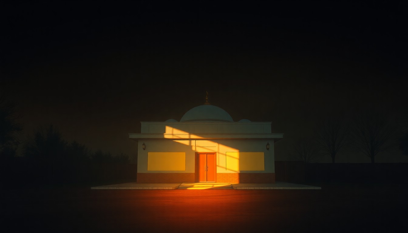 A serene, cinematic painting of a solitary mosque or community center building, its facade and windows bathed in warm, golden light and deep shadows, conveying a sense of quiet contemplation and the weight of political tensions.