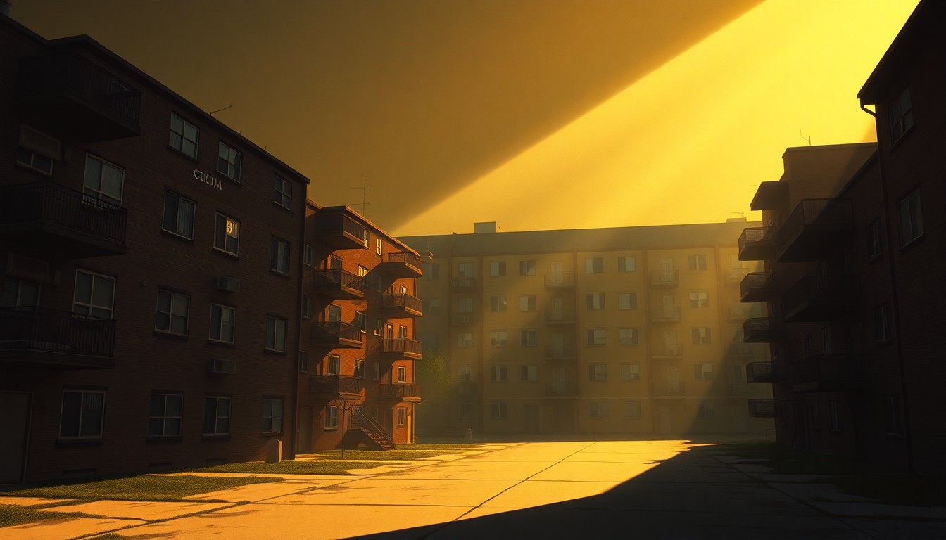 A serene, cinematic painting of a public housing complex in Chicago, with warm sunlight casting long shadows across the facade, conveying a sense of tension and uncertainty surrounding the power struggle between the city government and the housing authority.