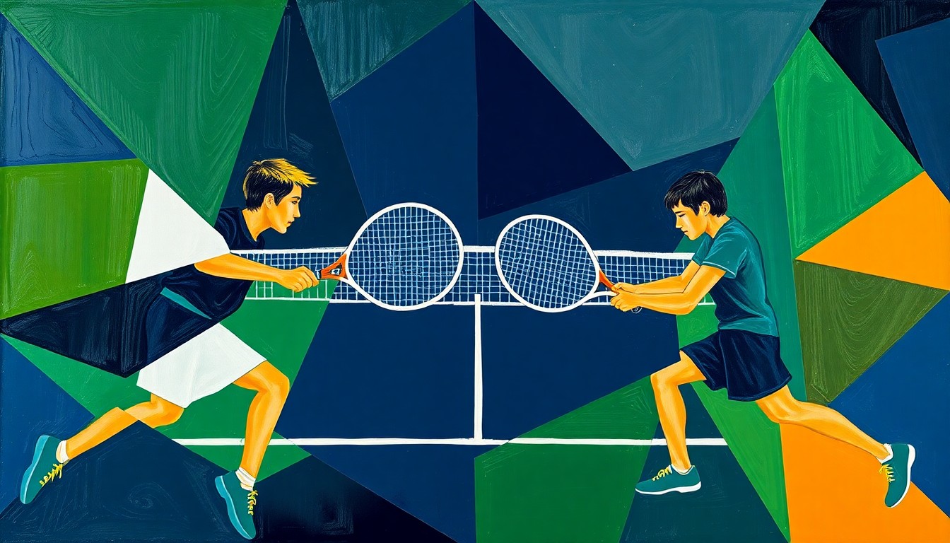 A cubist, geometric painting depicting a high school tennis match, with the players' forms abstracted into angular, intersecting shapes in a vibrant color palette of navy, forest green, and ochre.