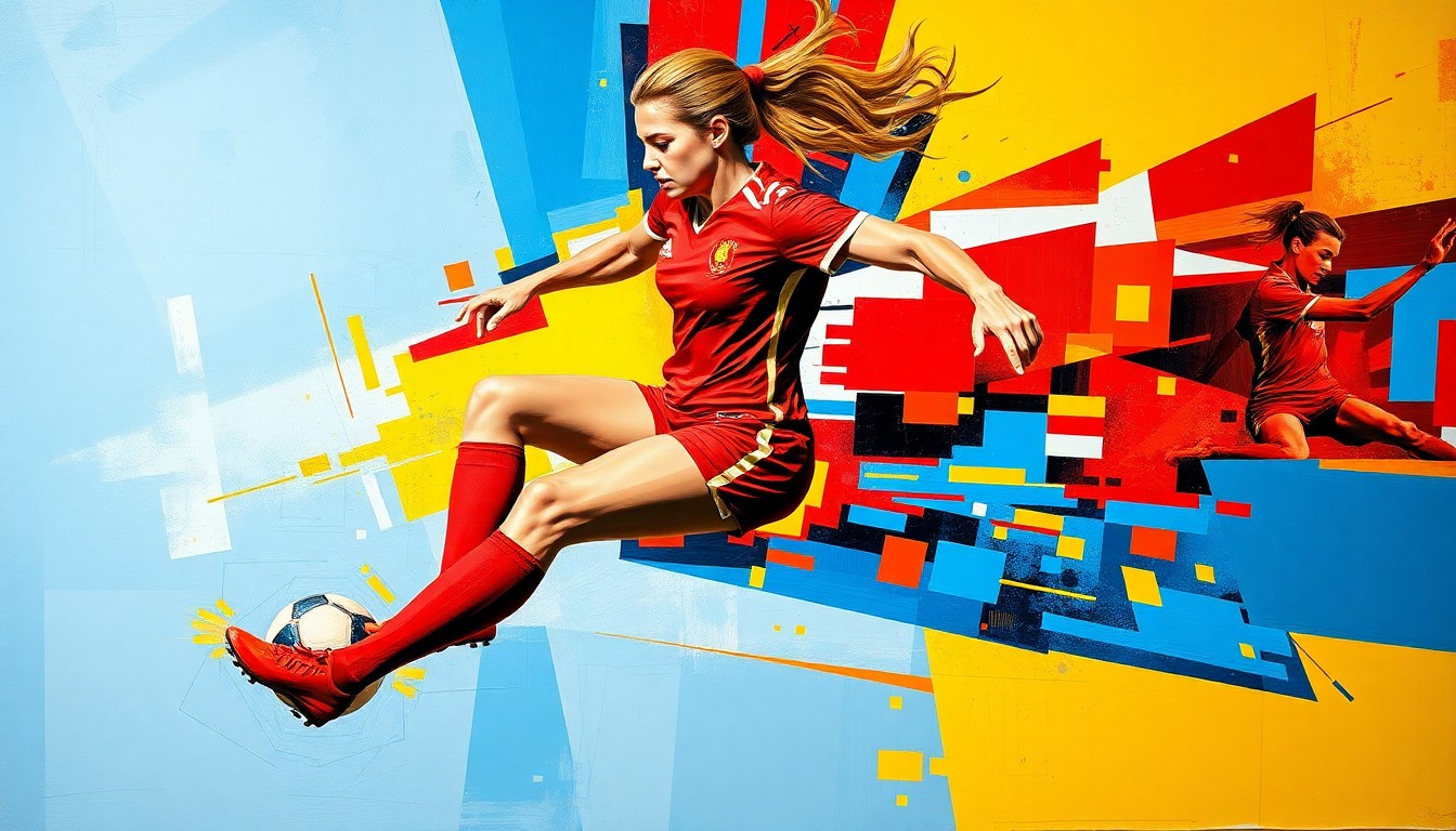 A cubist-style painting depicting a female soccer player in motion, broken down into overlapping geometric shapes and planes of vibrant red, blue, and yellow colors.