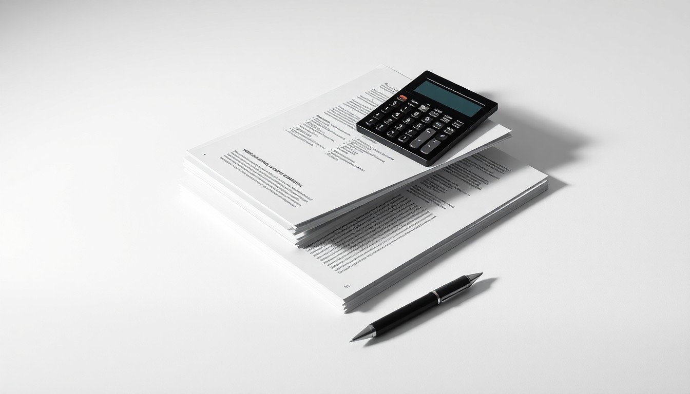 A photorealistic studio still life featuring a stack of financial documents, a calculator, and a pen arranged elegantly on a clean, white background, conceptually representing the abstract corporate strategy and financial risks facing technology companies.