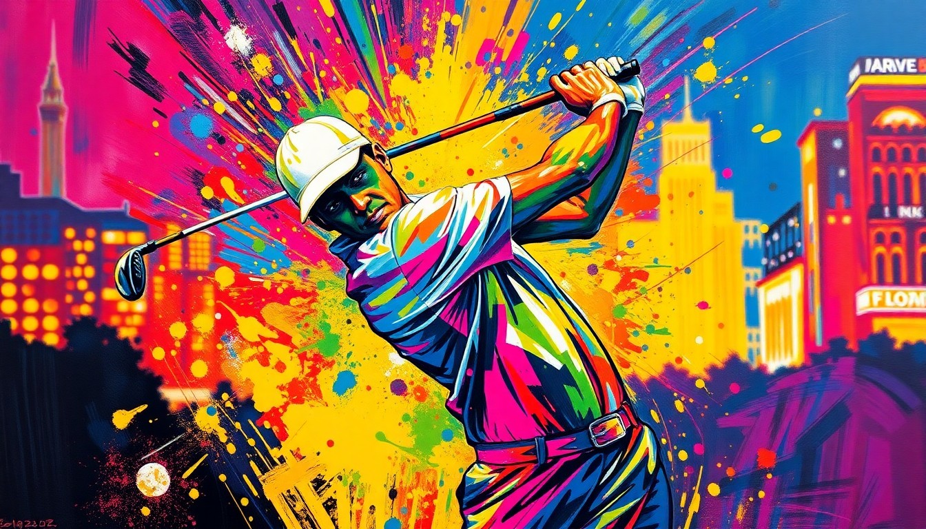 An abstract, expressionist painting depicting the dynamic motion of a golfer swinging a club, with vibrant neon colors and a blurred, energetic cityscape in the background.