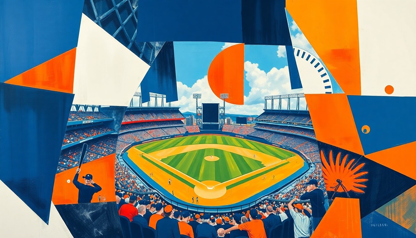 A cubist, geometric painting depicting a baseball game broken down into overlapping planes of navy blue, orange, and white, capturing the dynamic energy of the sport.
