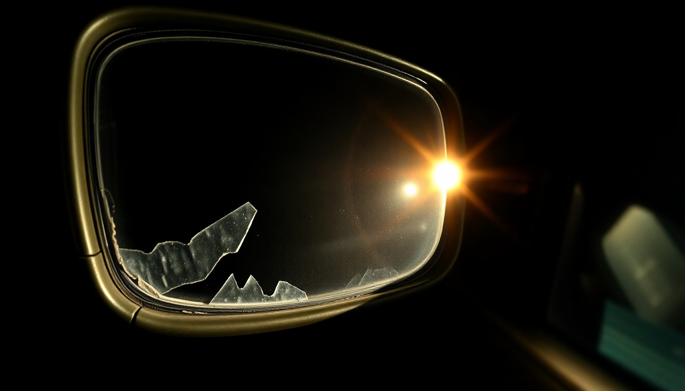 An extreme close-up photograph of a car's damaged side mirror, lit by a harsh, direct camera flash against a pitch-black background, conceptually illustrating the violent aftermath of a personal dispute.