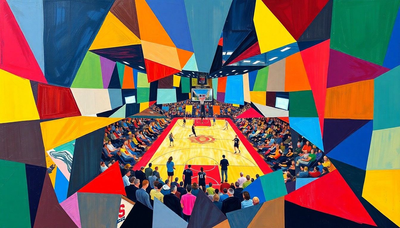 A cubist, geometric painting depicting the action of a college basketball game, with players' bodies and the court fragmented into sharp, overlapping planes of bright colors.