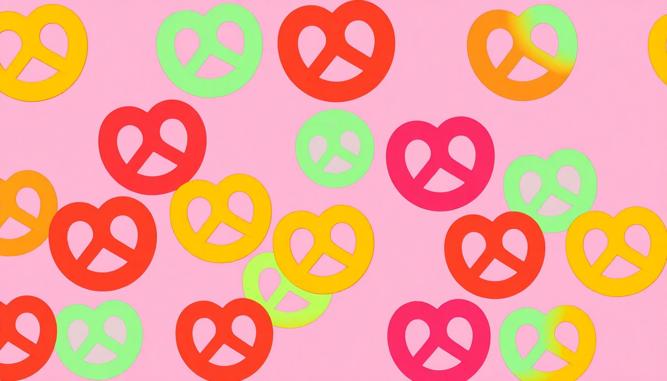 A brightly colored, high-contrast silkscreen print of a single, iconic pretzel shape repeated in a tight grid pattern, utilizing flat, vibrant, and unnatural neon color palettes overlapping with heavy black photographic outlines to turn the everyday snack into modern pop art, conceptually representing the increased competition in the mall pretzel market.