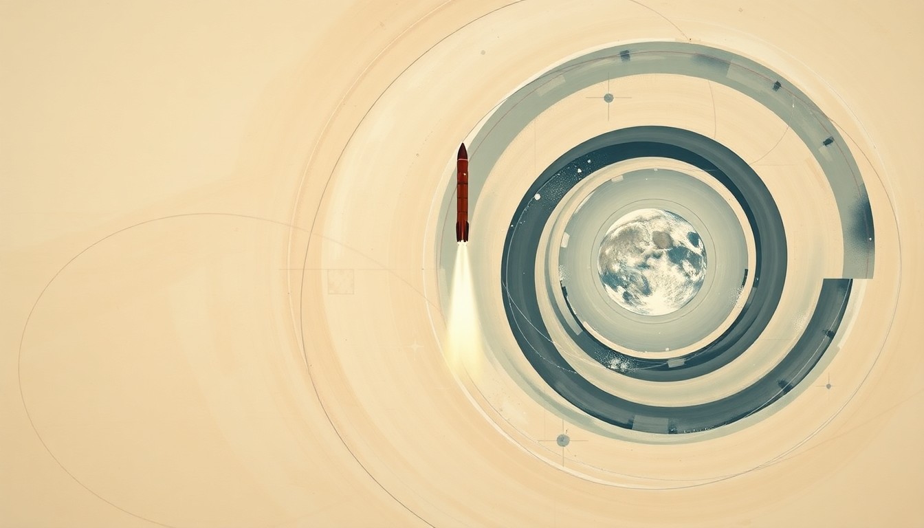 A bold, abstract painting in the style of Hilma af Klint, depicting the sweeping arc of the Artemis II rocket launch and its trajectory around the moon using intersecting geometric shapes and organic spirals in earthy tones, conveying the structural order of the universe.