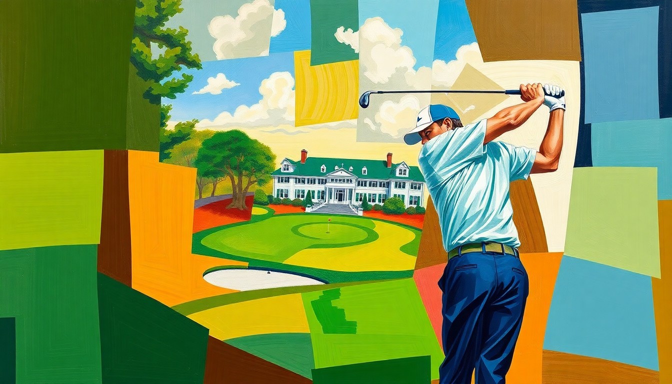 A cubist, geometric painting depicting the iconic Augusta National clubhouse and a golfer's swing in overlapping, fragmented planes of vibrant green, brown, and blue hues.
