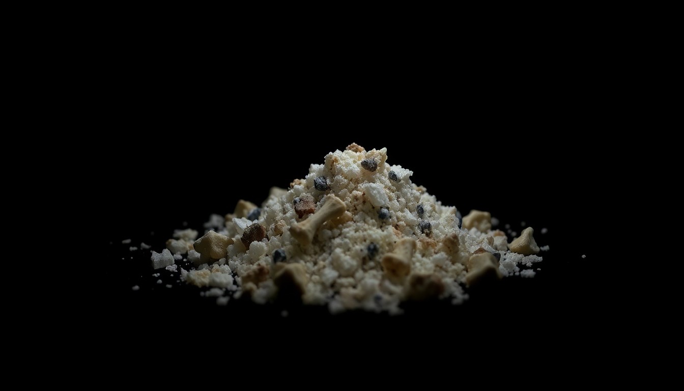 An extreme close-up photograph of a small pile of cremated ashes and bone fragments lit by a harsh, direct camera flash against a pitch-black background, conceptually representing the deception and mishandling of pet remains in this crematorium scam.