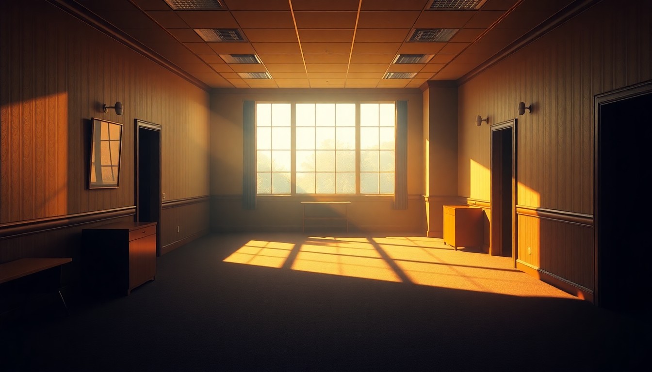 A dimly lit, cinematic painting of an empty government office space with a lone desk and chair, the room bathed in warm, diagonal sunlight and deep shadows, conveying a sense of political tension and uncertainty.