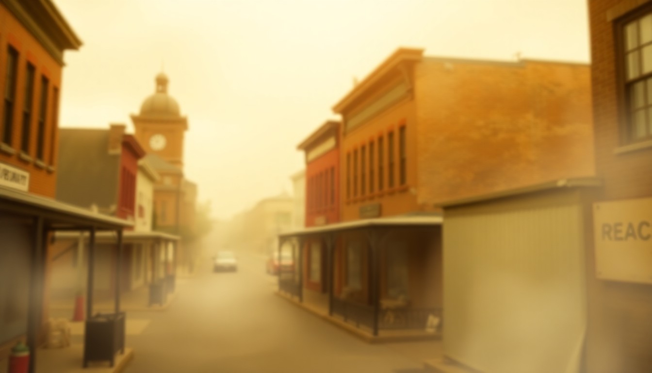 An impressionistic, out-of-focus photograph in soft, warm tones depicting the silhouettes of historic buildings, conveying the atmospheric and nostalgic essence of the Western Gateway Heritage State Park.
