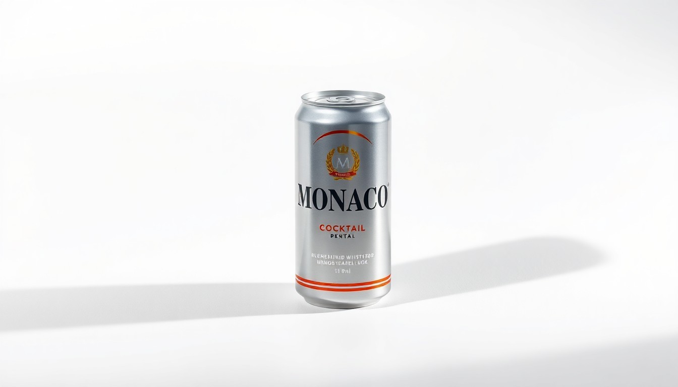 A high-end, photorealistic studio still-life photograph of a sleek, metallic Monaco cocktail can resting on a clean, white background, with dramatic lighting and sharp shadows highlighting the premium branding and design.