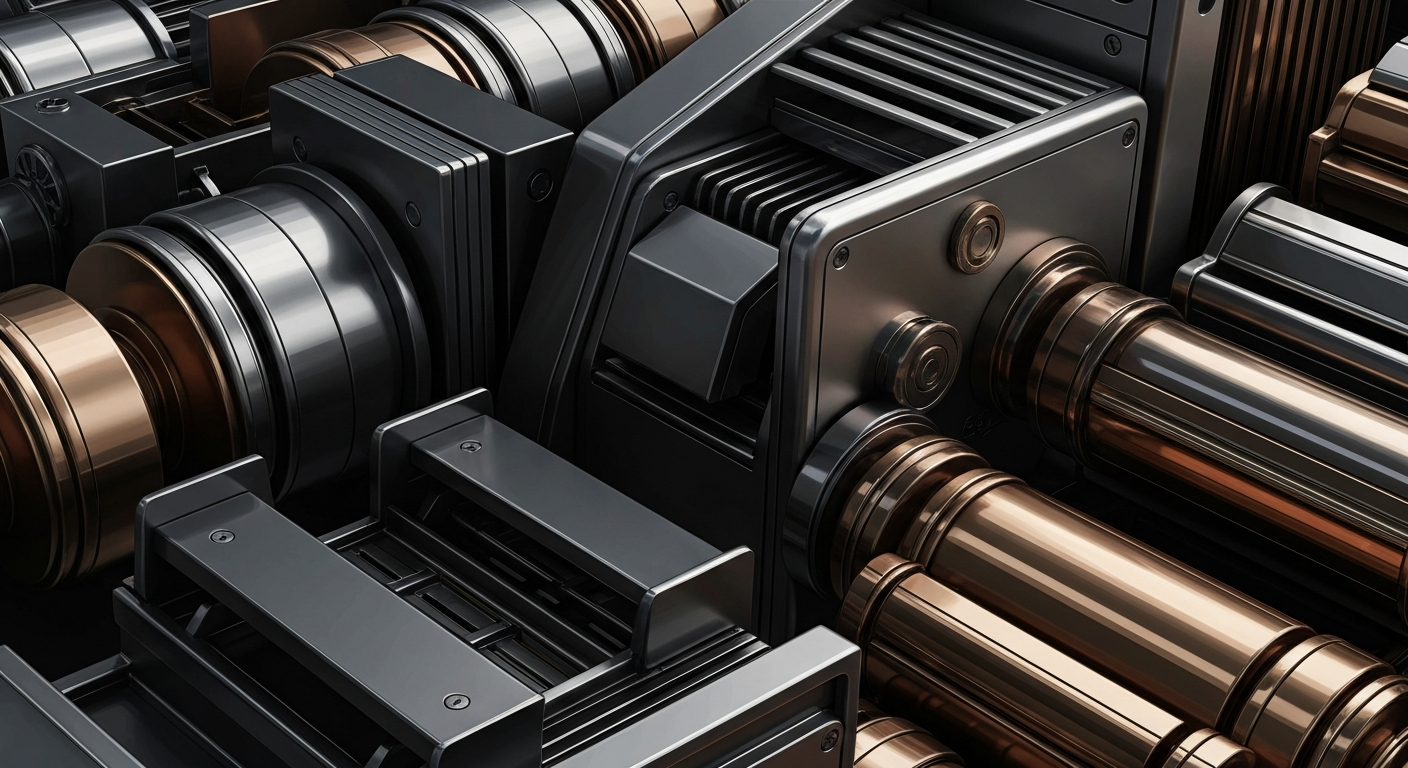 An extreme close-up of intricate, metallic banking equipment and machinery, conveying the institutional strength and security of the financial industry.