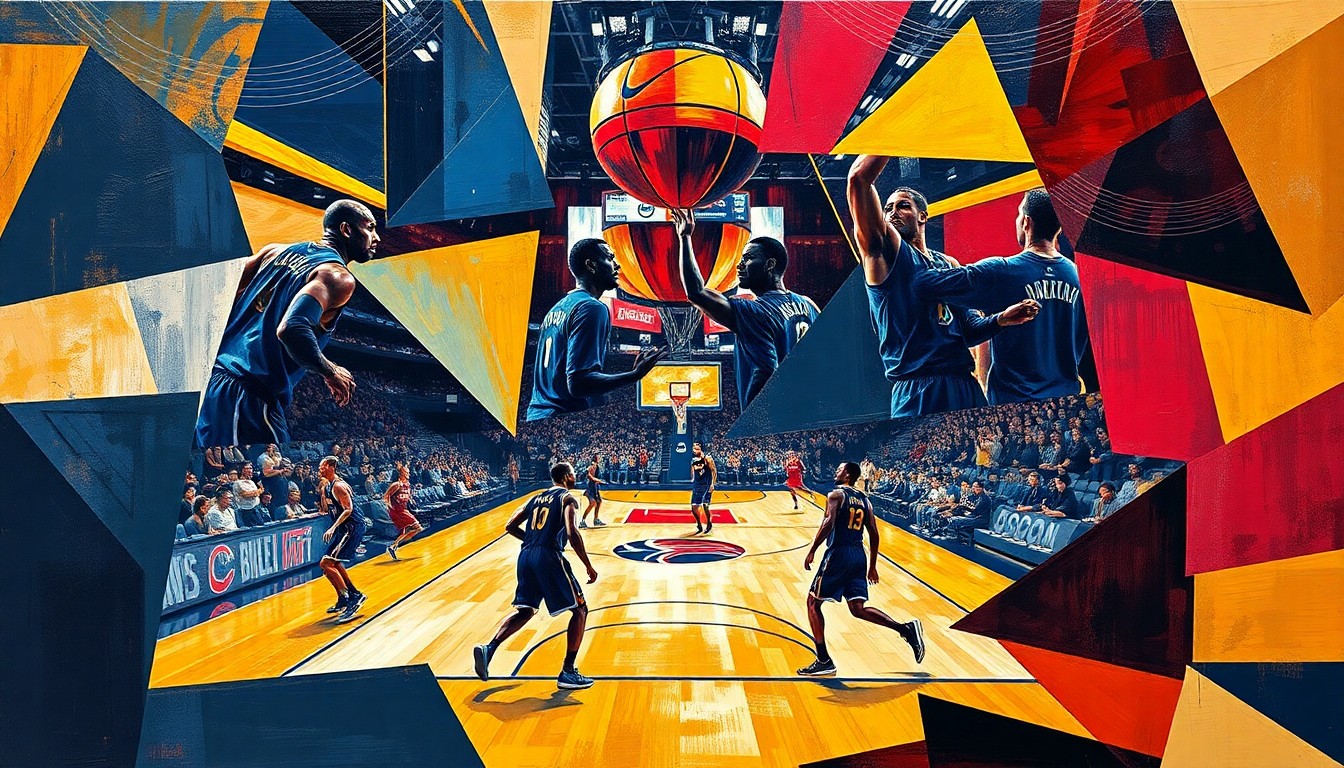 A fragmented, cubist-style painting depicting a basketball game or match between the Memphis Grizzlies and Los Angeles Lakers. The players' forms are abstracted into sharp, overlapping geometric shapes in a vibrant color palette, capturing the raw energy and tension of the rivalry.