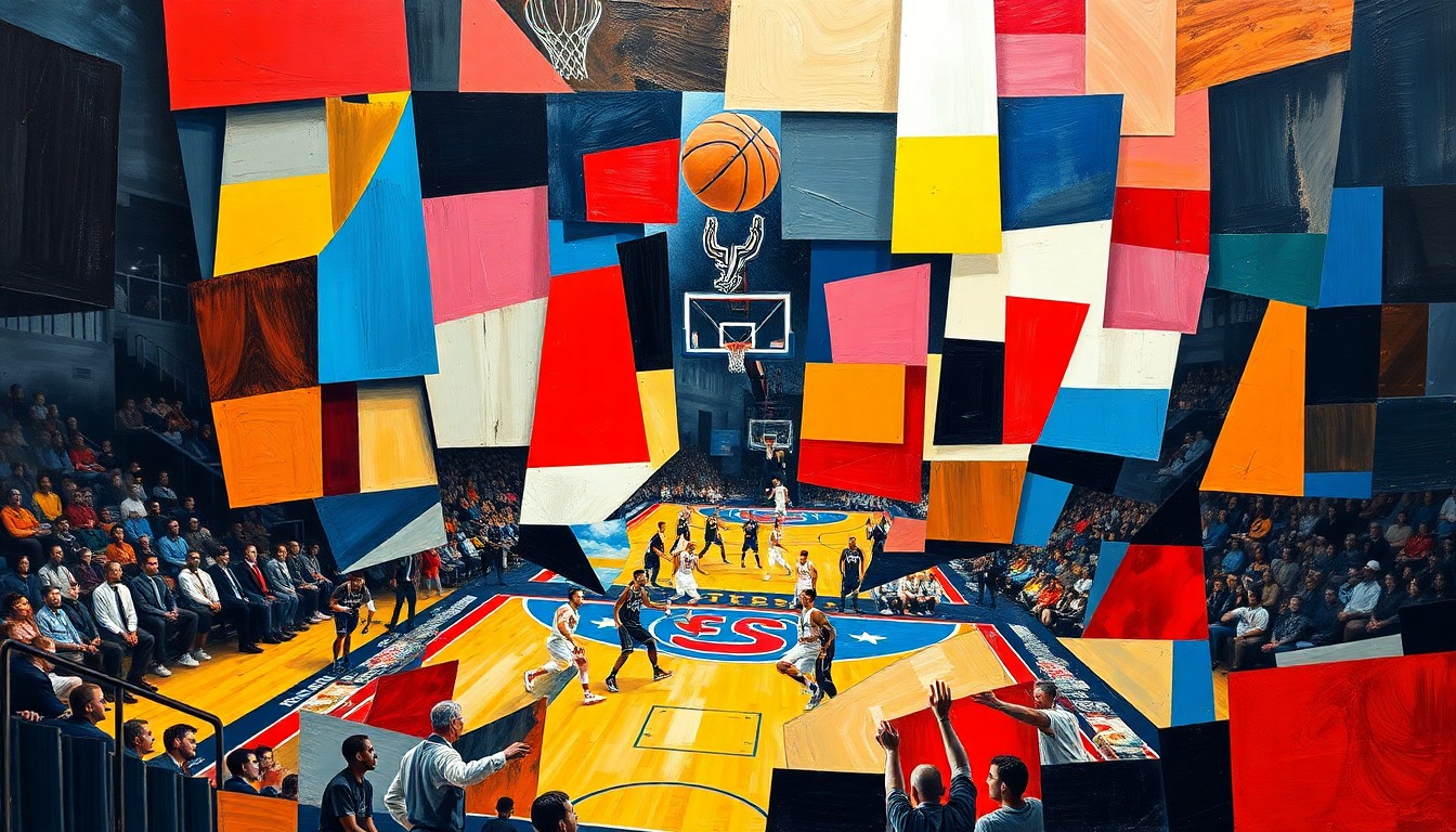 A cubist, geometric painting depicting a basketball game between the Clippers and Spurs, with sharp, overlapping planes of color representing the players and action on the court.