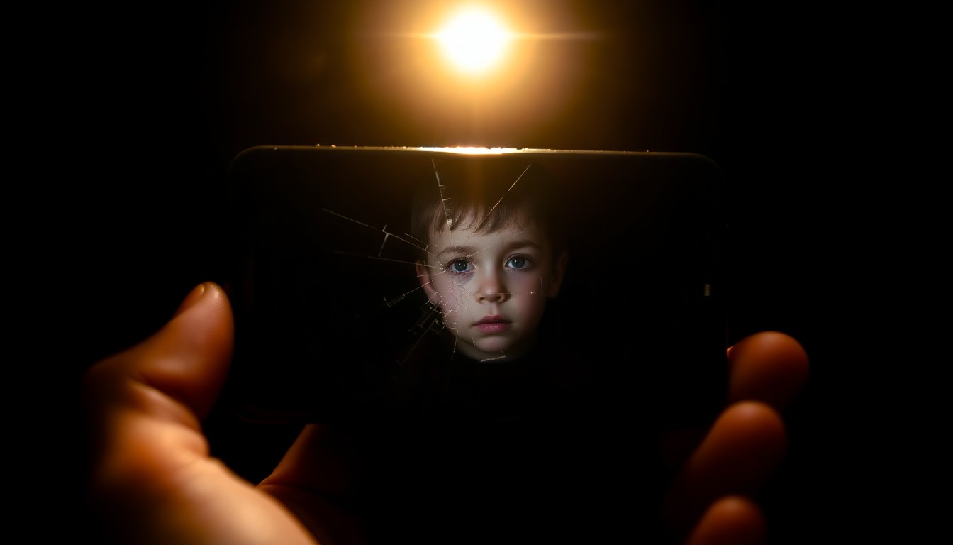 An extreme close-up of a cracked smartphone screen reflecting a faint, distorted image of a child's face, conveying the disturbing nature of the alleged crimes through a stark, investigative visual style.