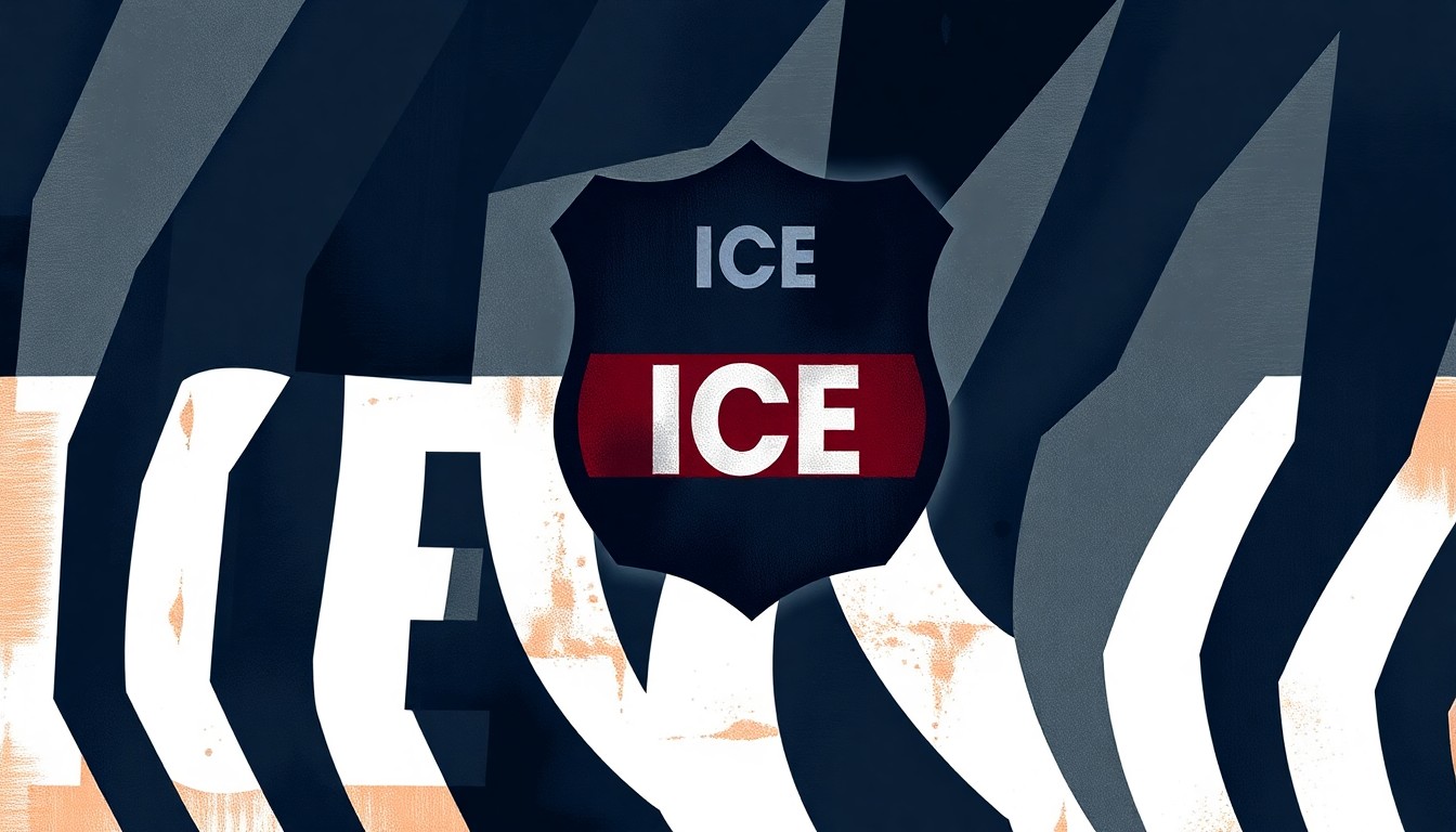 A fragmented, abstract painting of an ICE agent's badge or insignia, with overlapping geometric shapes in shades of blue, grey, and red, conveying a sense of disruption and conflict.