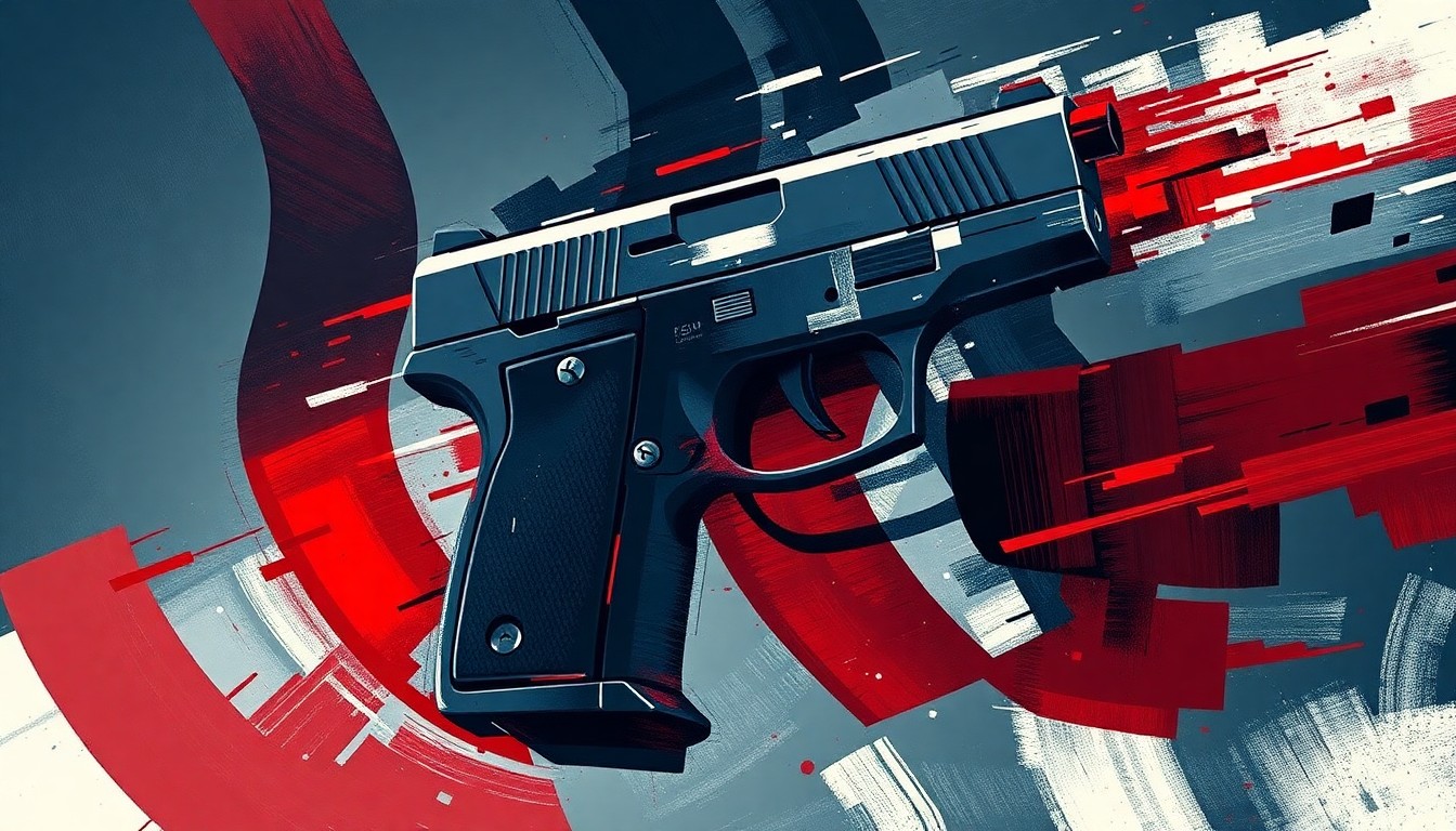 A fragmented, abstract painting of a handgun in overlapping geometric shapes and brushstrokes of dark blue, charcoal gray, and deep red, conveying the political tension and high-speed motion of the gun control debate.