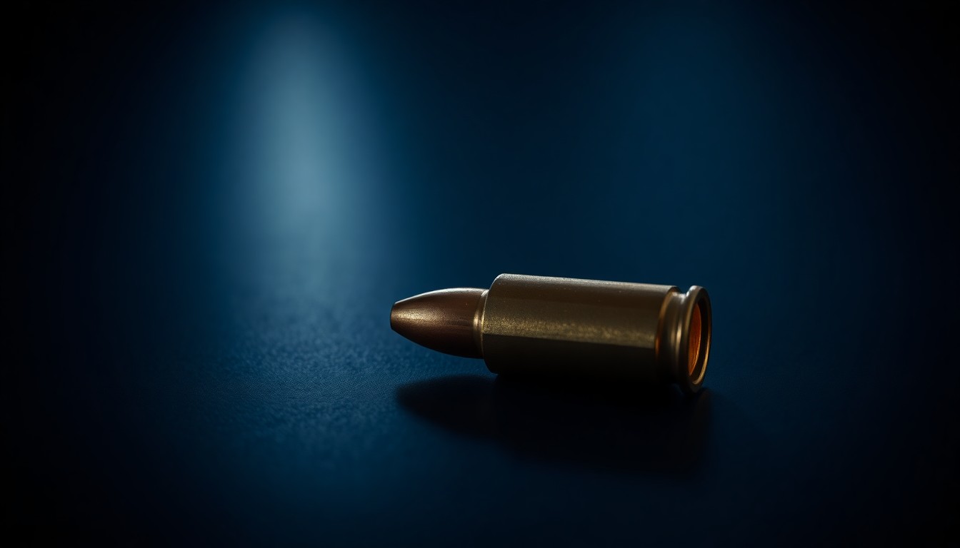 An extreme close-up photograph of a single bullet casing on a dark background, lit by a harsh, direct camera flash, conceptually representing the forensic evidence at the center of a complex homicide investigation.