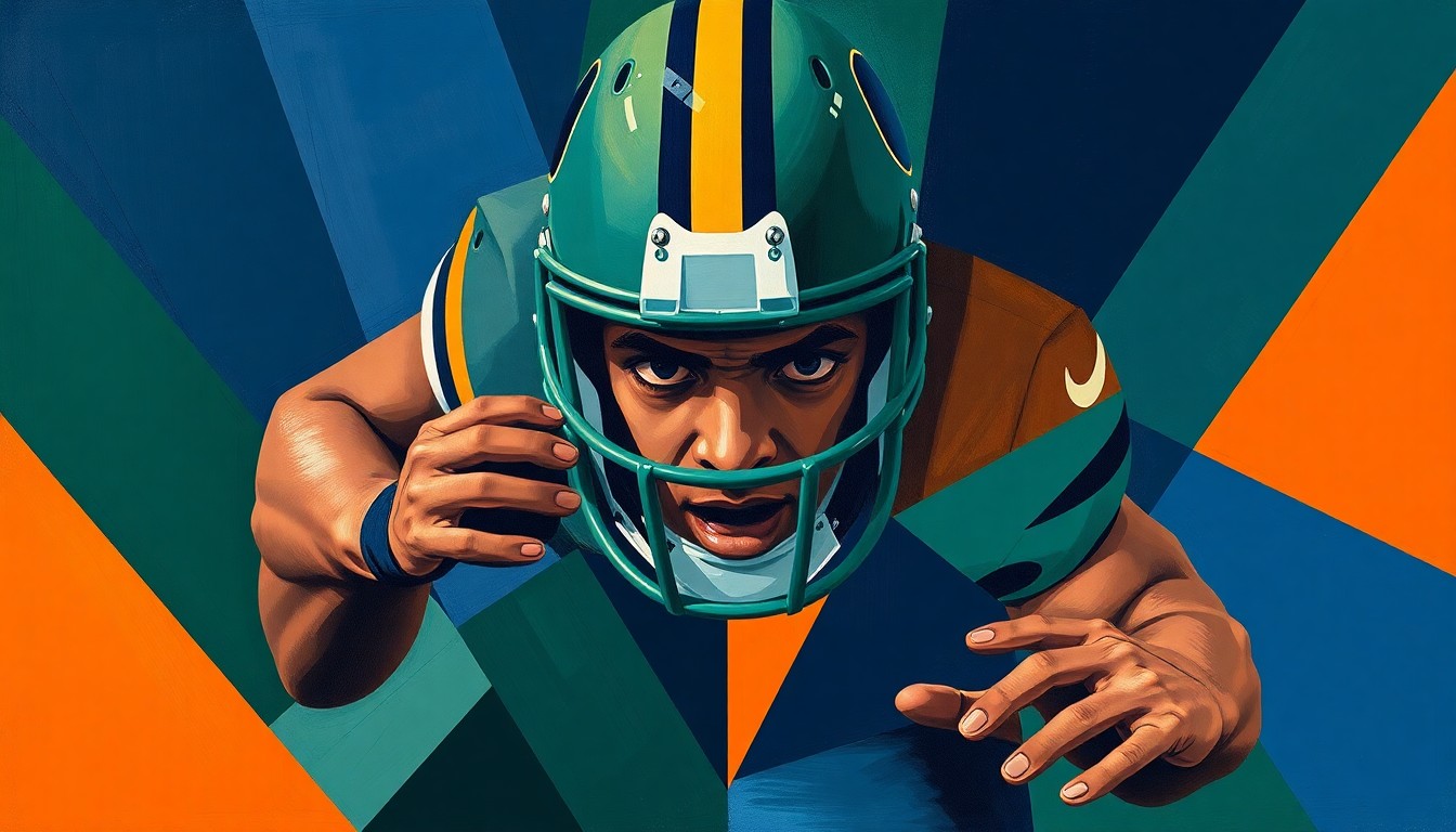 A cubist, geometric painting depicting an offensive lineman in pass protection, with sharp, overlapping planes of navy, green, and orange conveying the fractured, multi-perspective nature of the play.