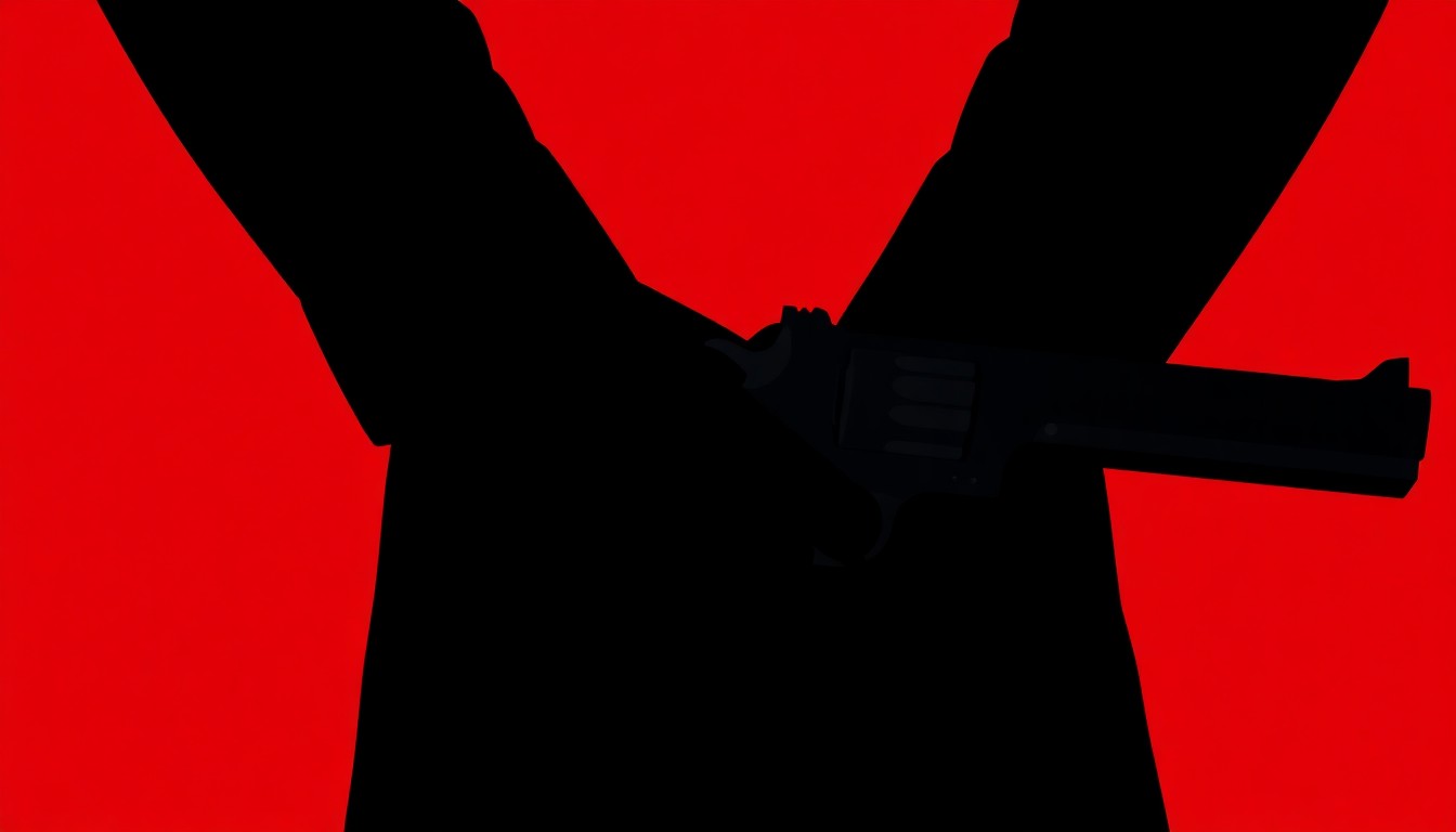 A striking black silhouette of a person holding a gun, set against a high-contrast red and black background, conceptually representing the gritty crime drama of Scorsese's new film.
