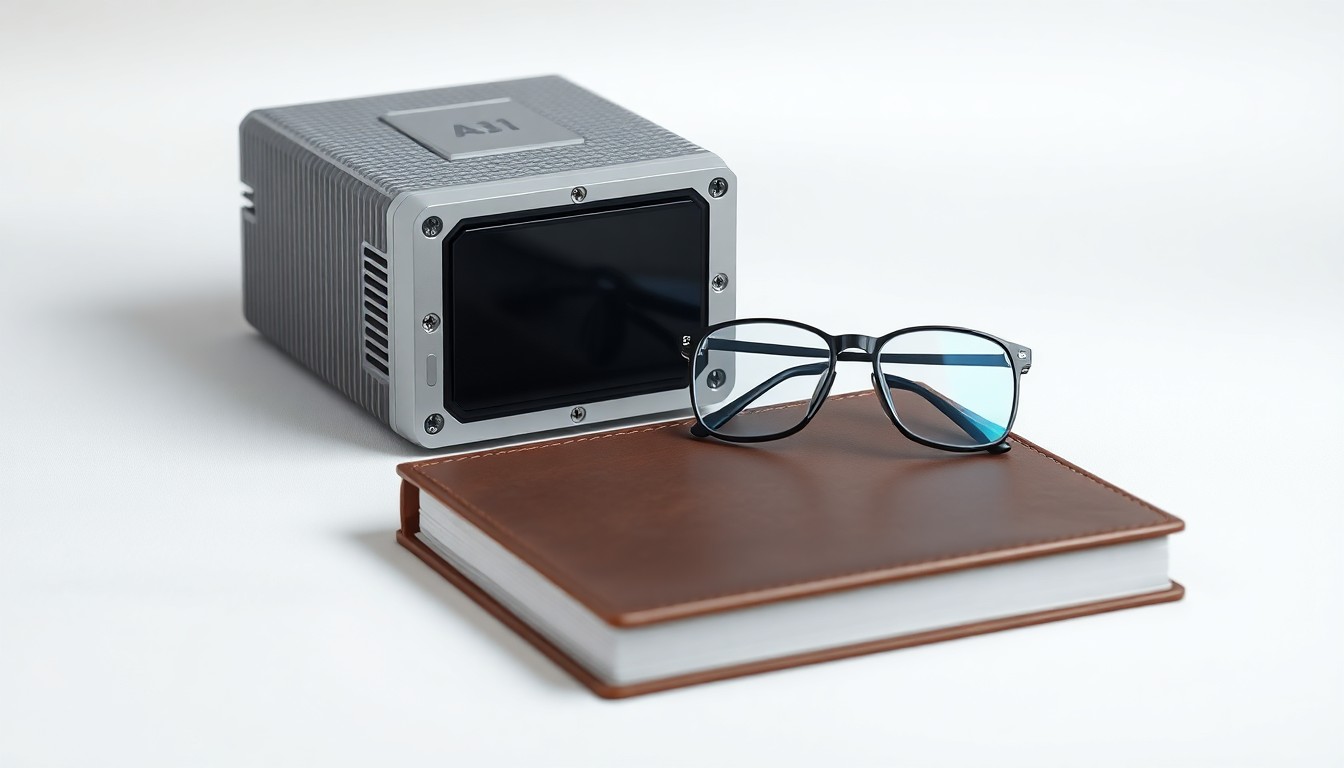 A high-end, photorealistic studio still-life photograph featuring a sleek, metallic AI processing unit, a pair of futuristic-looking eyeglasses, and a leather-bound journal arranged elegantly on a clean, monochromatic background, conceptually representing the intersection of technology, human optimization, and strategic foresight.