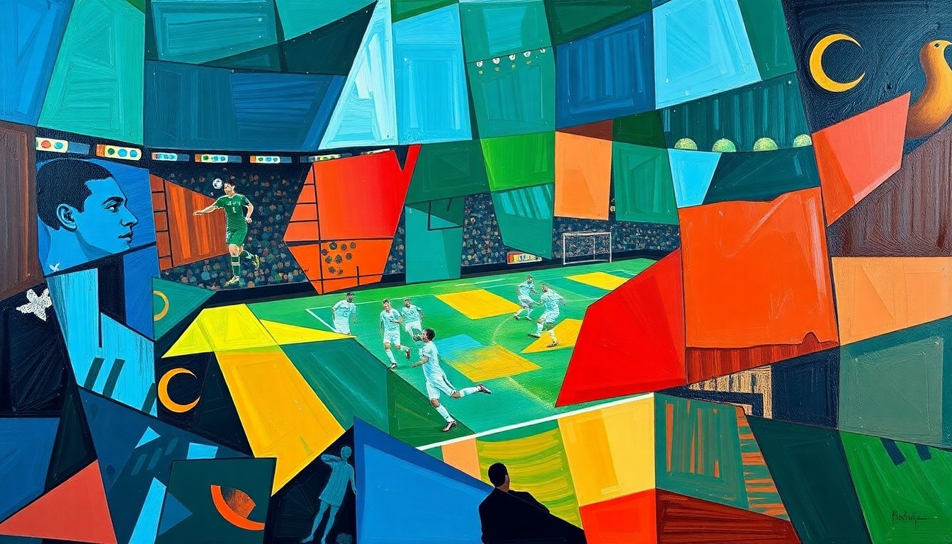 A cubist, geometric painting depicting a fragmented soccer match or competition, with sharp planes of deep blue, green, and red colors overlapping to create a sense of motion and energy.