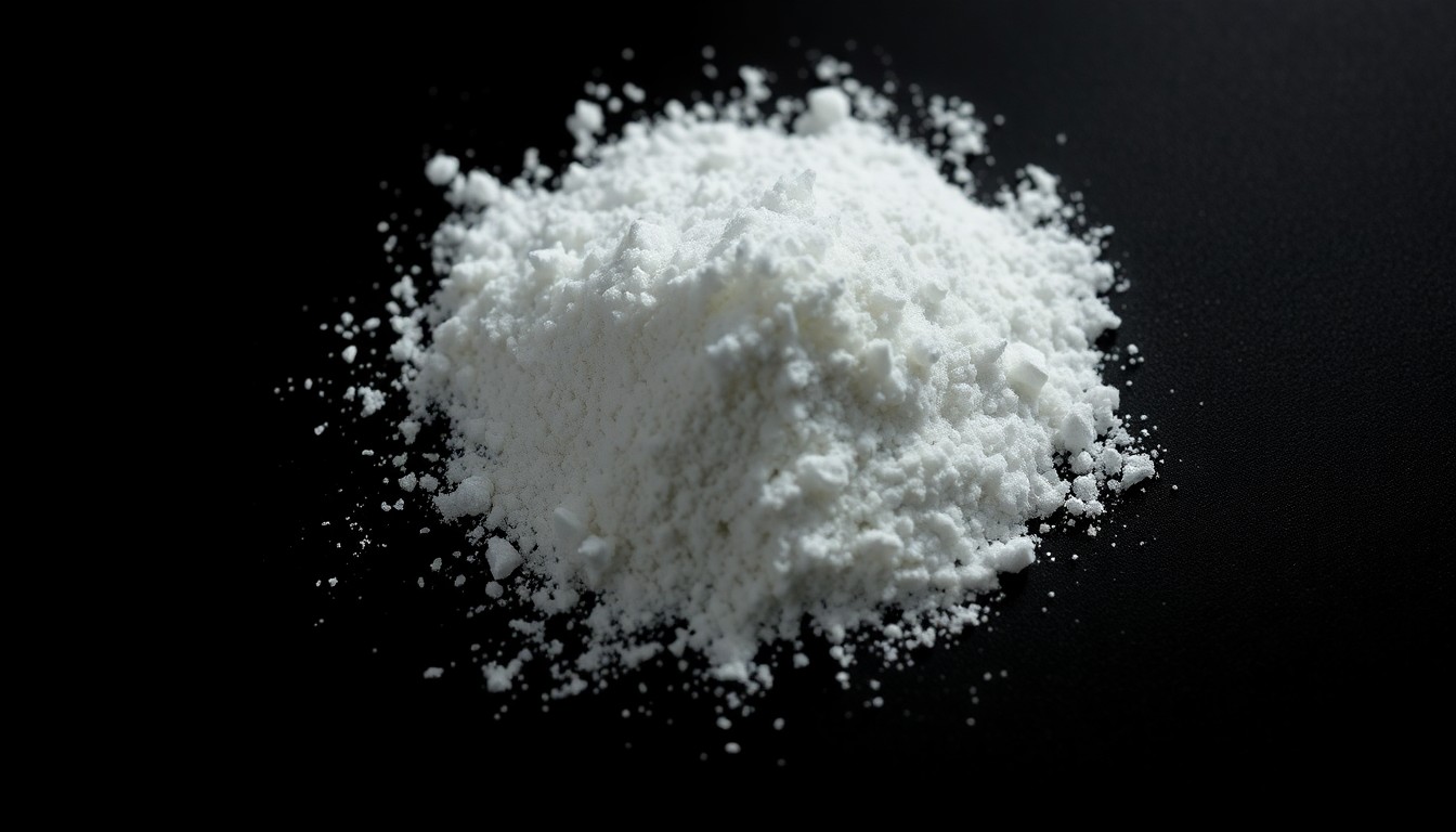 An extreme close-up of a small pile of white crystalline powder, sharply lit by a harsh flash against a dark background, conceptually representing the seized drugs at the center of a major trafficking case.