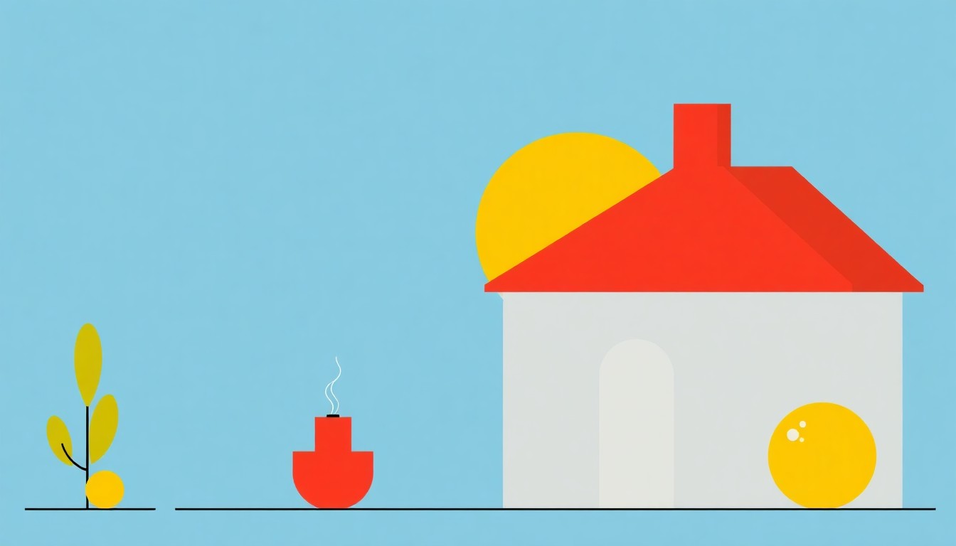 A vibrant abstract illustration featuring bold geometric shapes in shades of blue, orange, and yellow, conceptually representing the ability for consumers to choose their own energy suppliers and find cost savings.