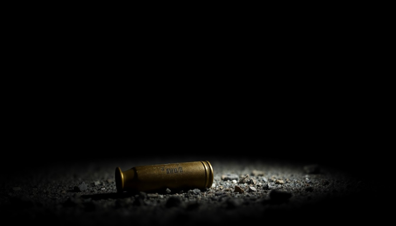 An extreme close-up photograph of a spent shell casing on the ground, reflecting the harsh, direct lighting and creating a stark, gritty, investigative aesthetic that conceptually illustrates the aftermath of a shooting incident.