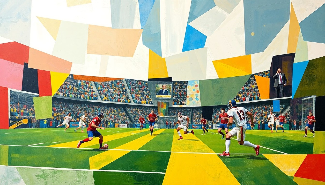 A cubist, geometric painting depicting a fragmented football field and players, with sharp, overlapping planes of color and no recognizable figures or text, conveying the conceptual themes of the story.