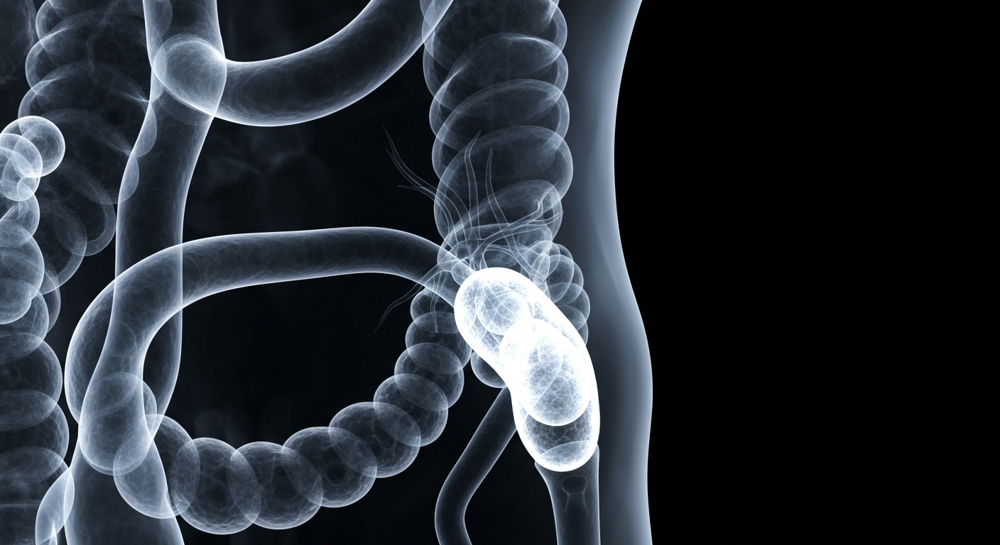 An extreme close-up, translucent X-ray image showing the intricate internal structures of the human digestive system, with the GLP-1 receptor highlighted in a glowing outline, conceptually illustrating the targeted effects of this type of weight loss medication.