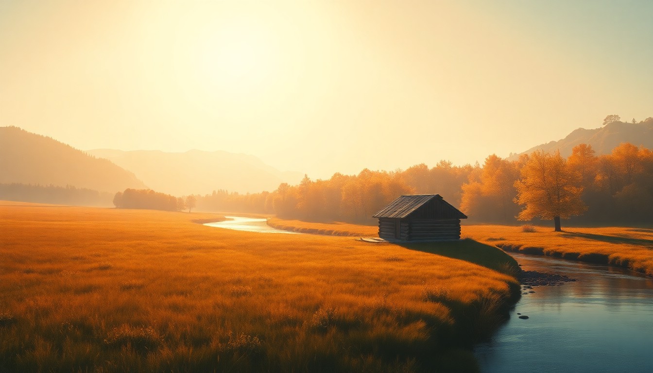 A serene, painterly scene of a wooden structure nestled in a lush, sun-dappled meadow along a winding river, capturing the quiet, contemplative mood of conservation work in the American West.