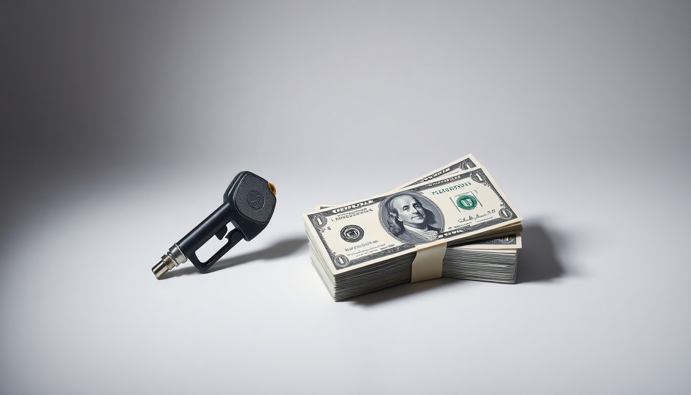 A photorealistic studio still-life image featuring a car key, a gas pump nozzle, and a stack of dollar bills, conceptually representing the financial challenges faced by rideshare drivers due to record-high gas prices.