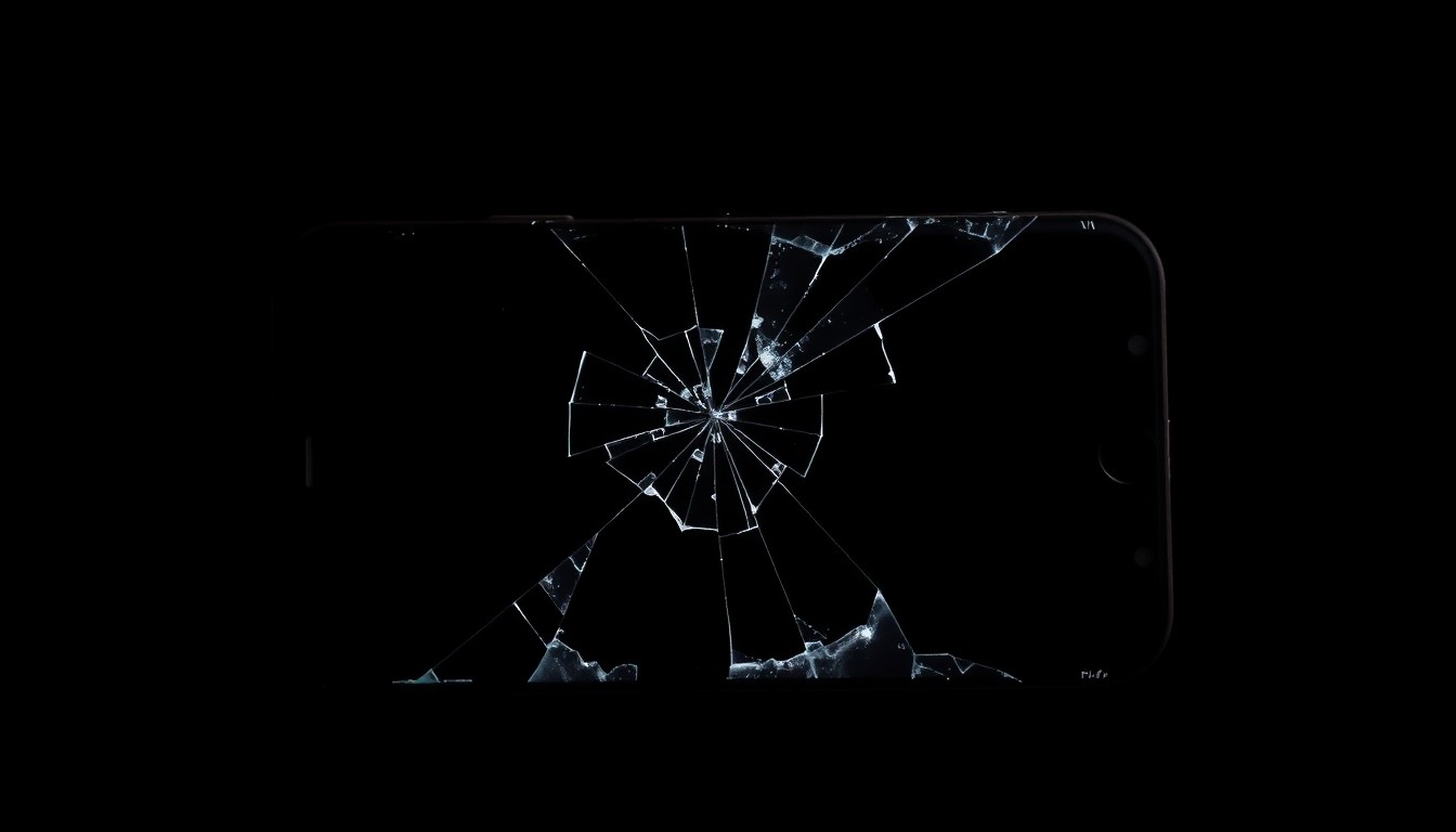 An extreme close-up of a shattered smartphone screen reflecting a distorted, harsh light, conceptually illustrating the aftermath of a digital scam.
