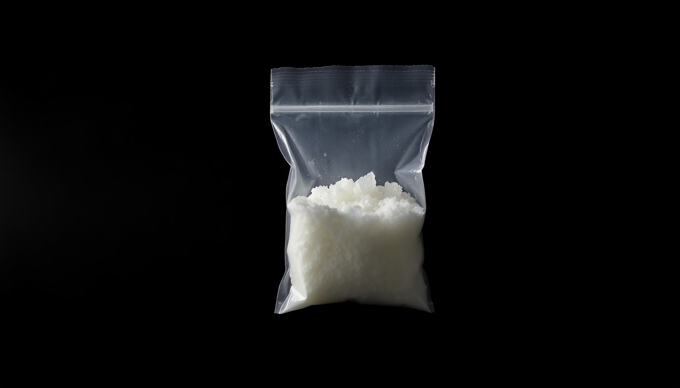 An extreme close-up photograph of a small clear plastic bag containing a white crystalline substance, lit by a harsh, direct camera flash against a pitch-black background, conceptually illustrating the discovery of suspected drugs during a probation search.