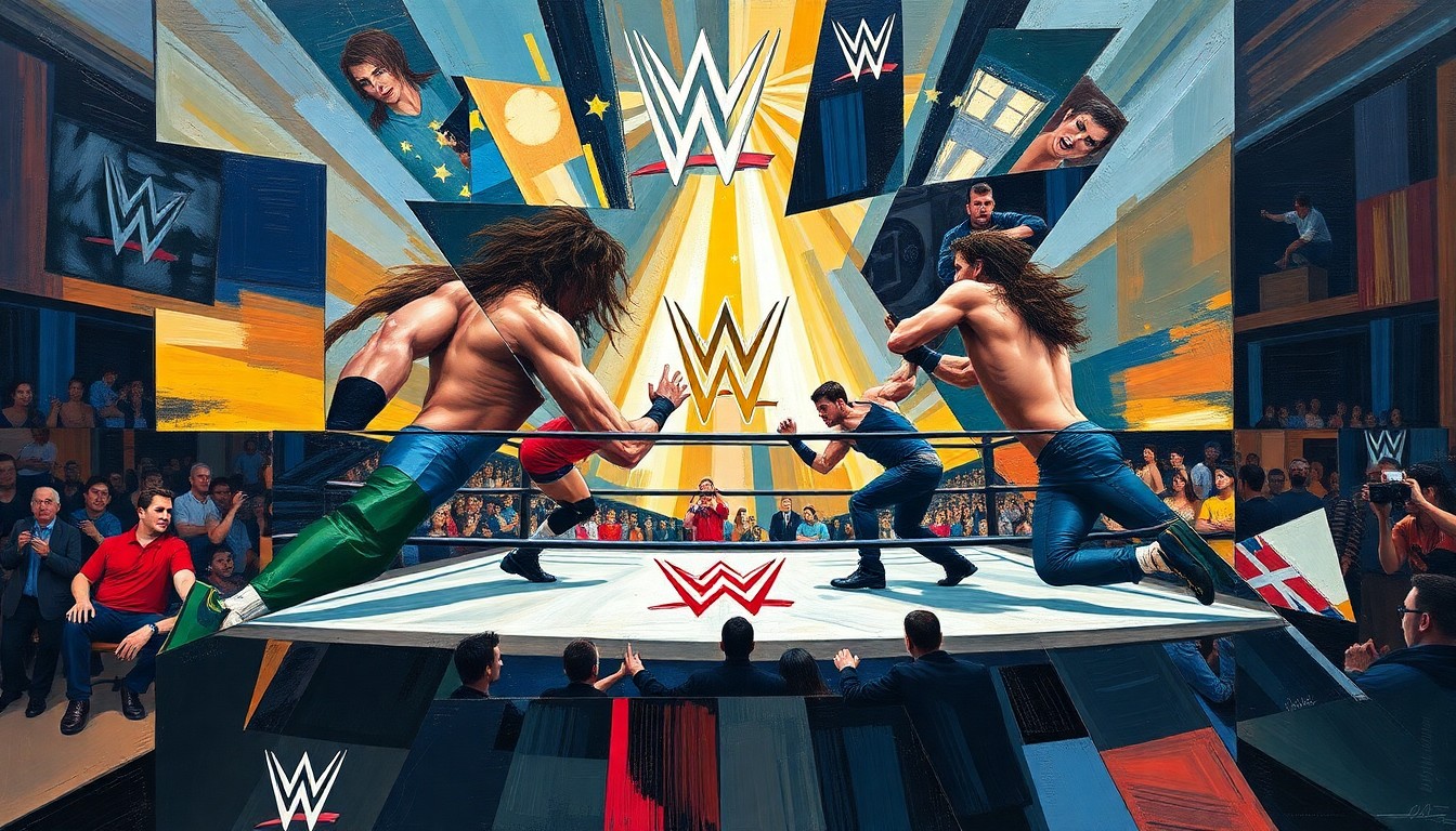 A fractured, geometric painting depicting the intense physicality and multiple perspectives of a professional wrestling match, with no recognizable figures or branding.