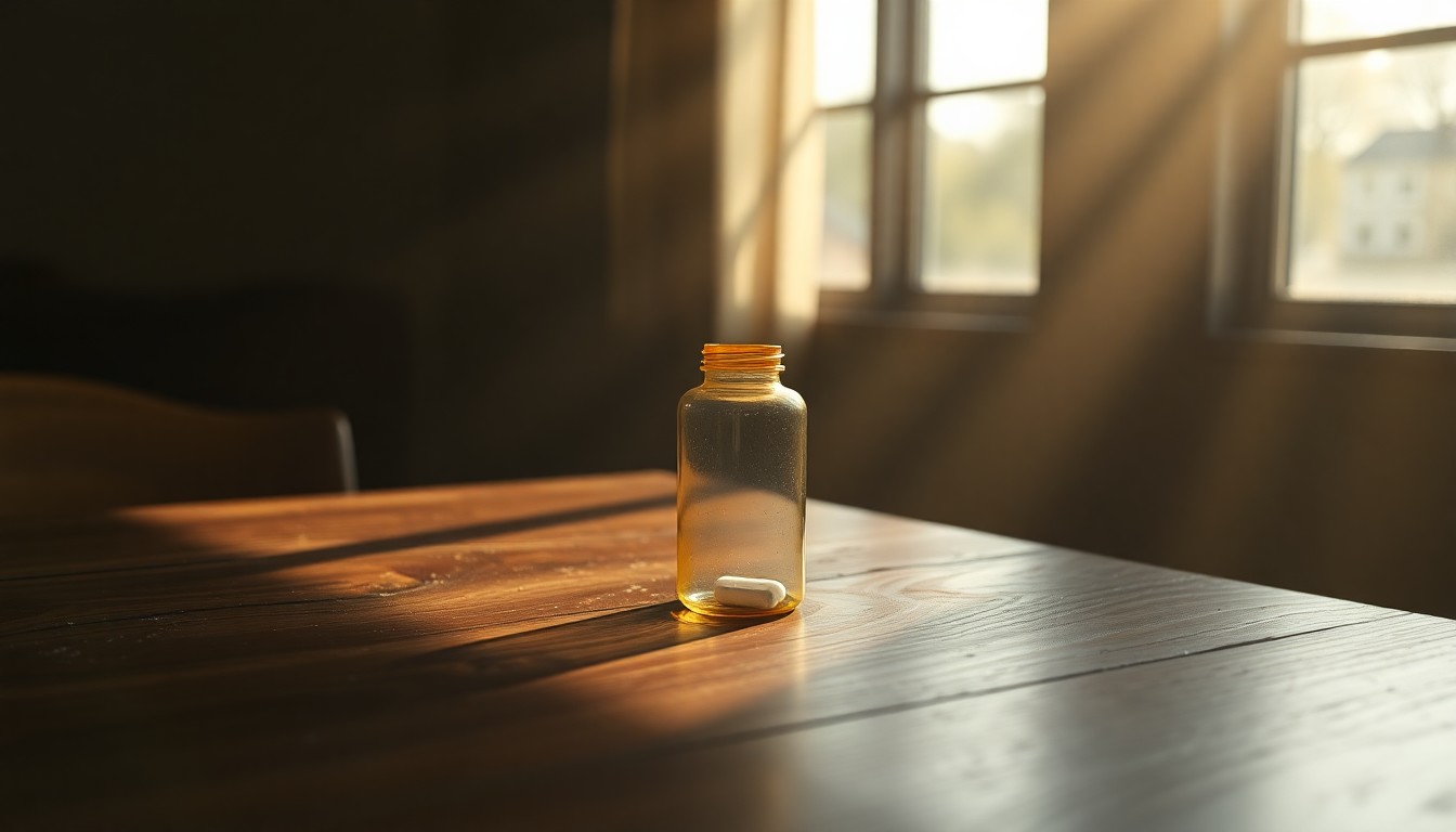 A close-up view of an empty prescription pill bottle sitting on a wooden table, with warm sunlight and deep shadows creating a cinematic, nostalgic mood, conceptually representing the administration's efforts to reshape the pharmaceutical industry.