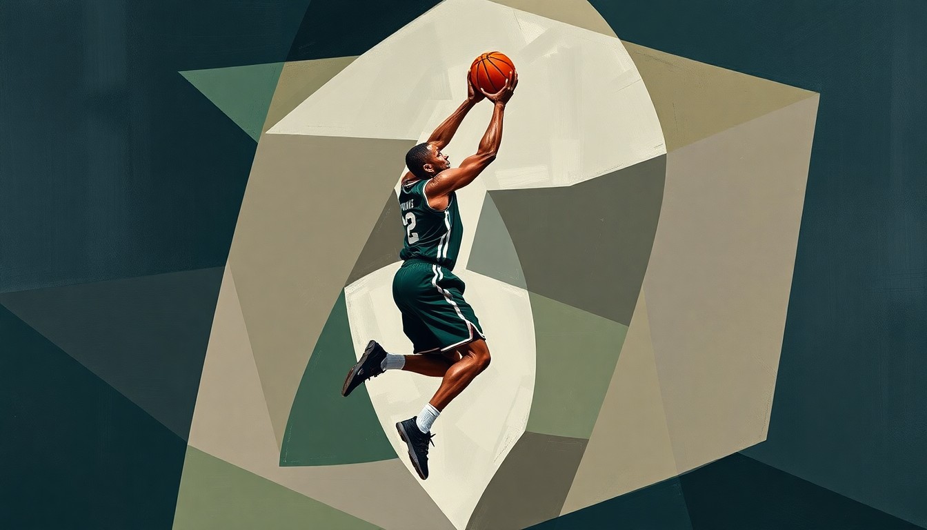 A fragmented, geometric painting depicting the abstract motion of a basketball player's jump shot, with sharp planes of navy, forest green, and burgundy colors representing the disruption and uncertainty caused by Tobias Harris' knee injury.