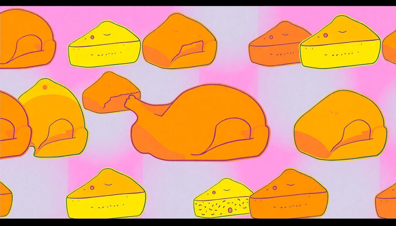 A vibrant, high-contrast silkscreen print of a roasted chicken repeated in a grid pattern, conceptually representing the Salvation Army's Easter meal distribution program.