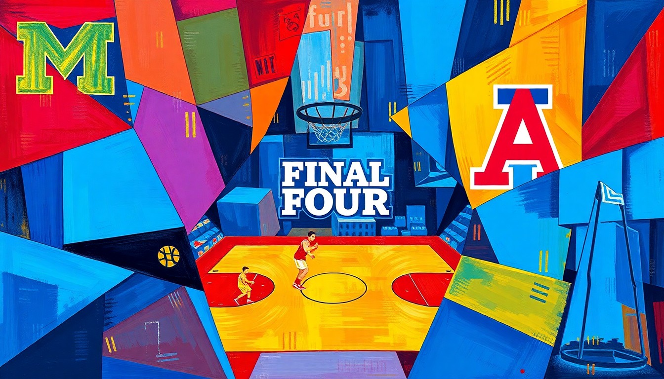 A fragmented, geometric painting depicting the Final Four matchup between Michigan and Arizona, with sharp planes of color and overlapping perspectives capturing the energy and intensity of the game.
