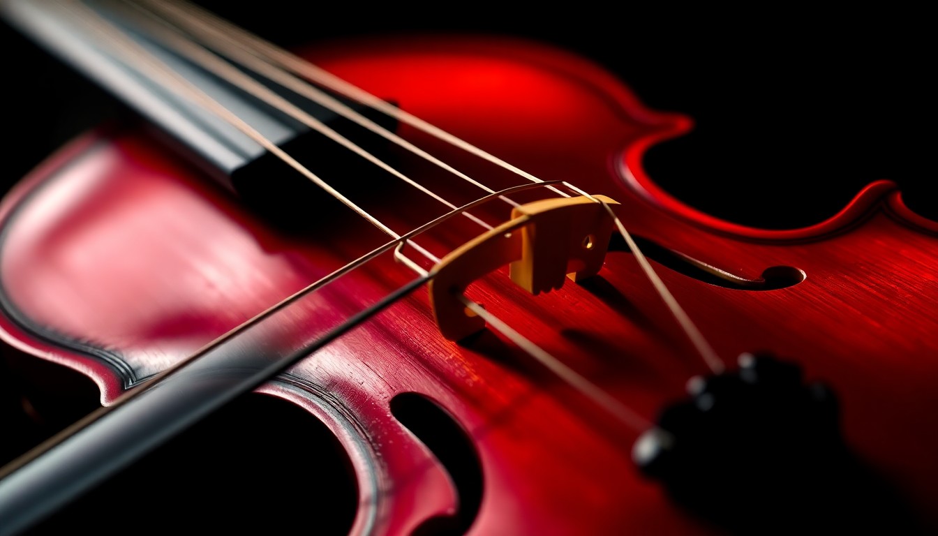An extreme close-up photograph of the intricate, textured surface of a vintage violin, capturing the rich, luxurious materials and craftsmanship of the instrument in dramatic, high-contrast lighting.